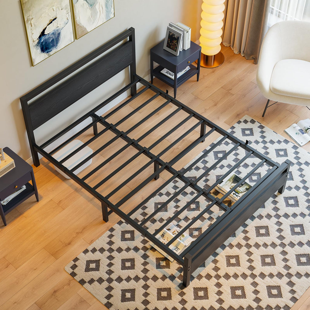 Black Full Size Bed Frame with Wood Headboard and Storage A468979