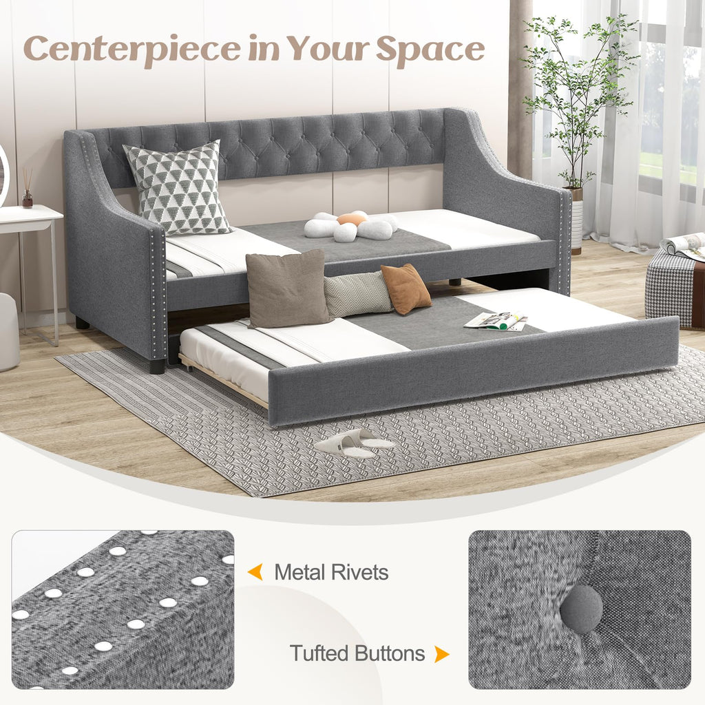 Upholstered Twin Daybed with Trundle Grey E306
