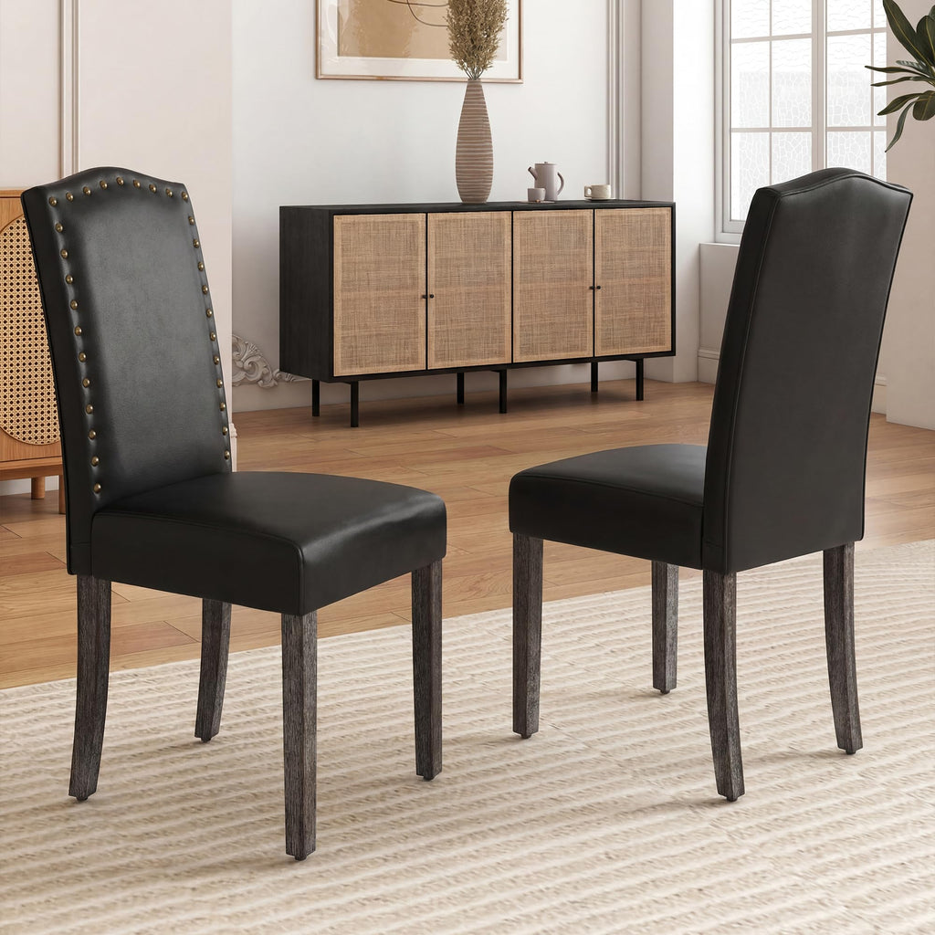 PU Dining Chair Set of 2 Upholstered with Copper Nails and Solid Wood Legs O729649