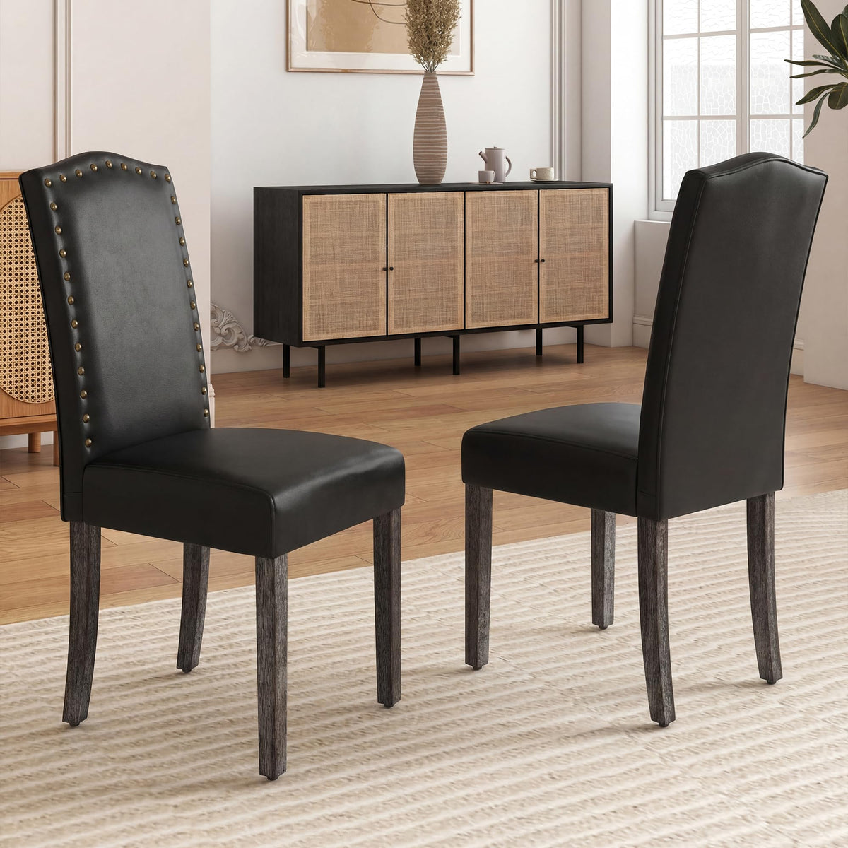 PU Dining Chair Set of 2 Upholstered with Copper Nails and Solid Wood Legs O729649