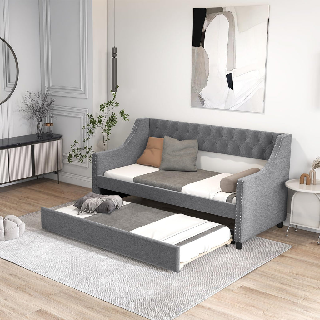 Upholstered Twin Daybed with Trundle Grey E306