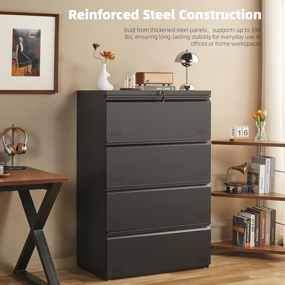 Metal File Cabinet with Lock, 4 Drawer Heavy Duty Office Storage Cabinet Y574