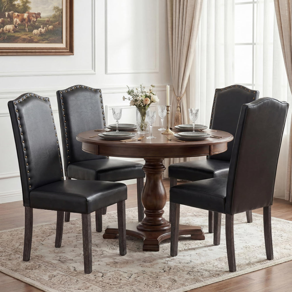 PU Dining Chair Set of 2 Upholstered with Copper Nails and Solid Wood Legs O729649