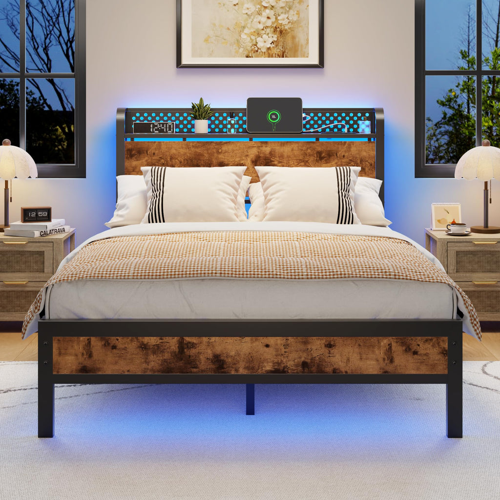 Full Bed Frame with Headboard and LED Lights O1516
