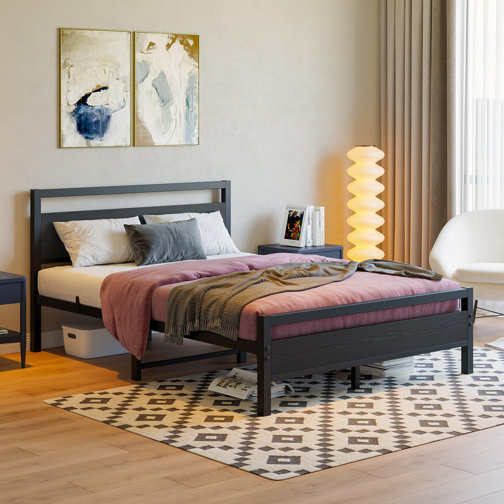 Black Full Size Bed Frame with Wood Headboard and Storage A468979