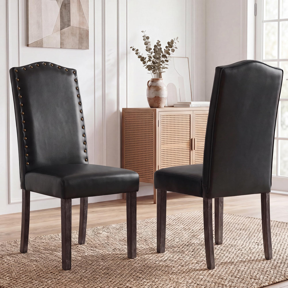 PU Dining Chair Set of 2 Upholstered with Copper Nails and Solid Wood Legs O729649