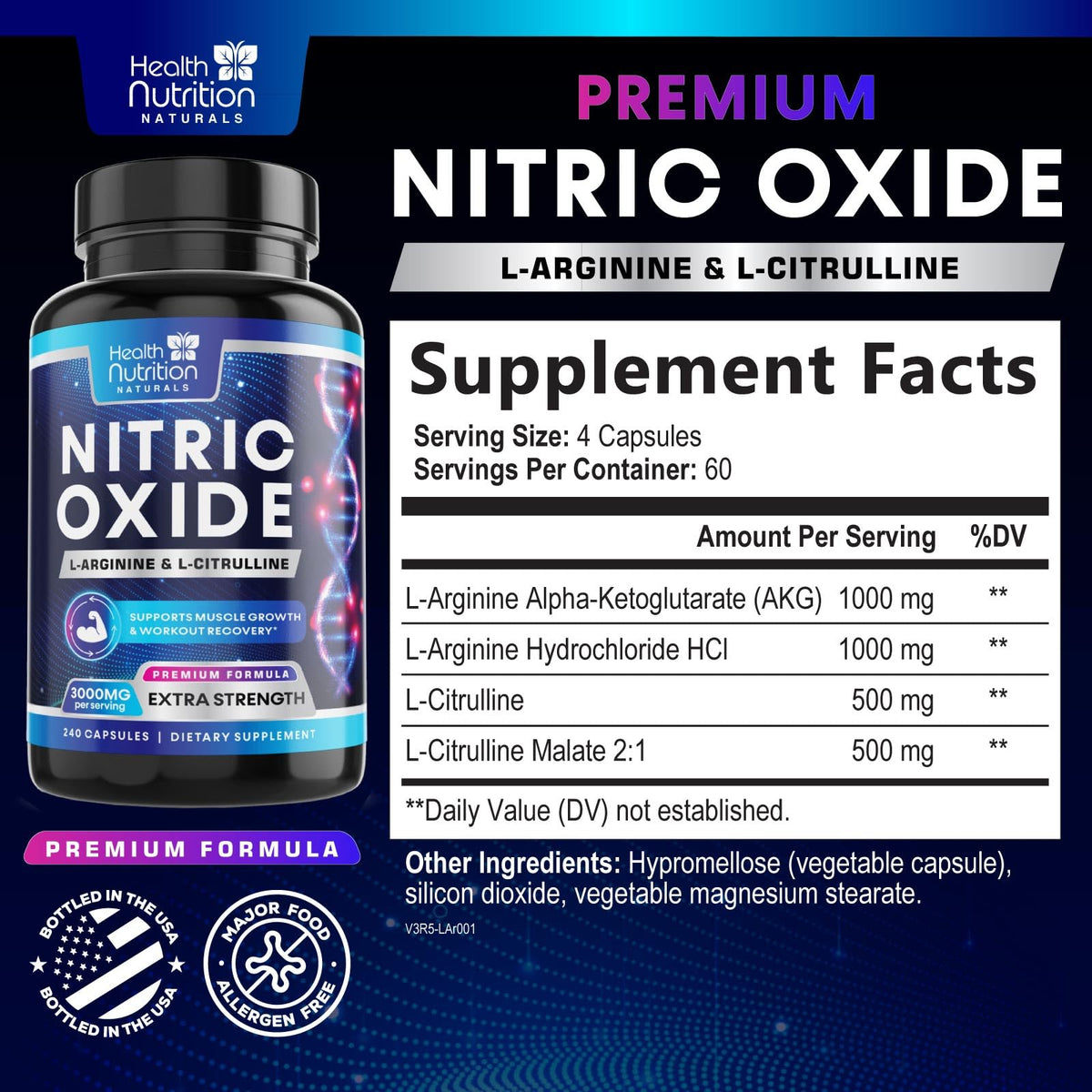 3000mg L-Arginine & L-Citrulline Nitric Oxide Supplement 240 Capsules J46950