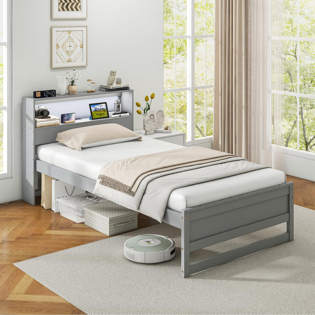 Twin Wood Platform Bed with Storage Headboard and Charging Station W754