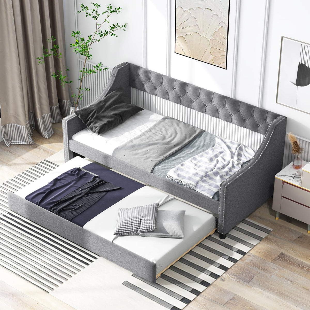 Upholstered Twin Daybed with Trundle Grey E306