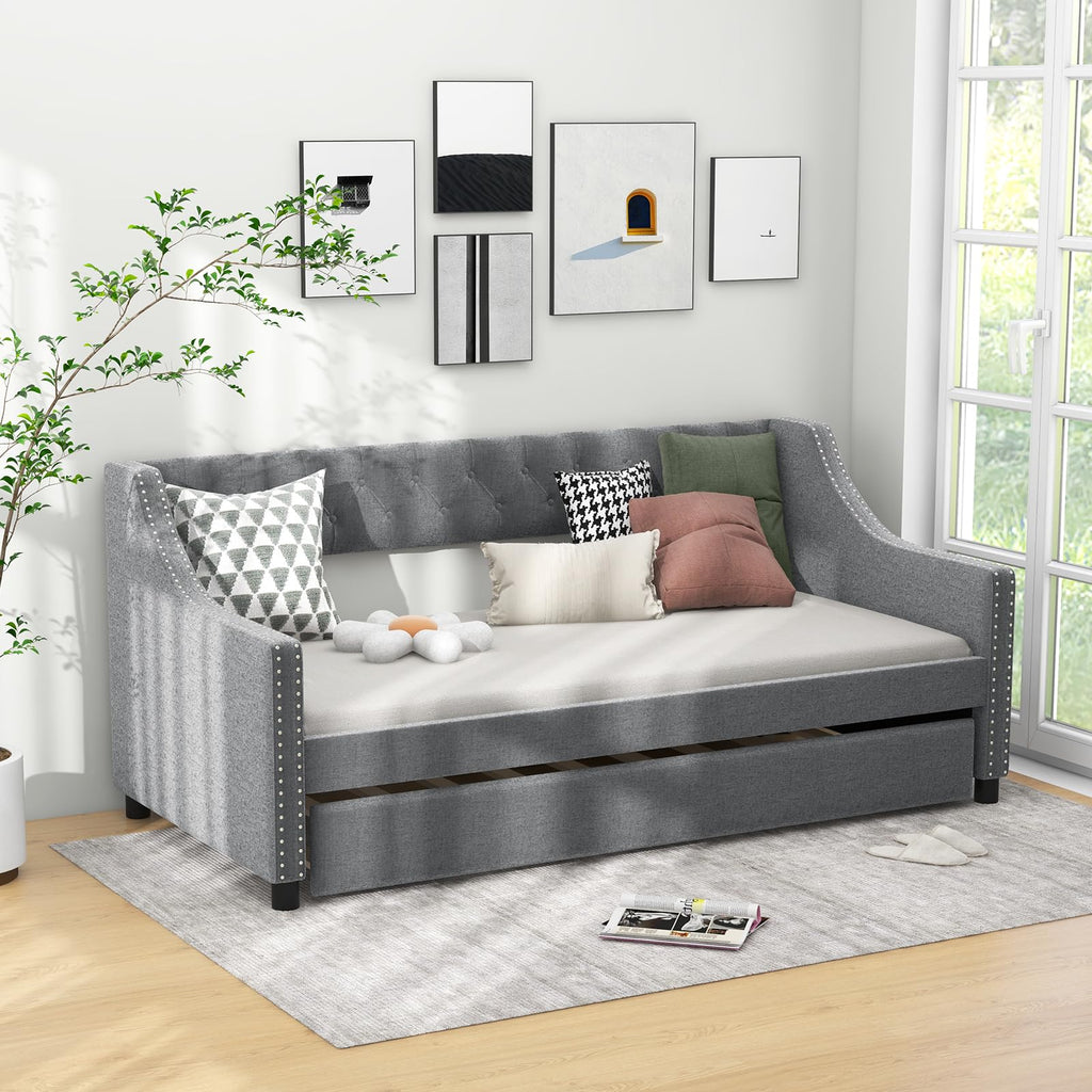 Upholstered Twin Daybed with Trundle Grey E306