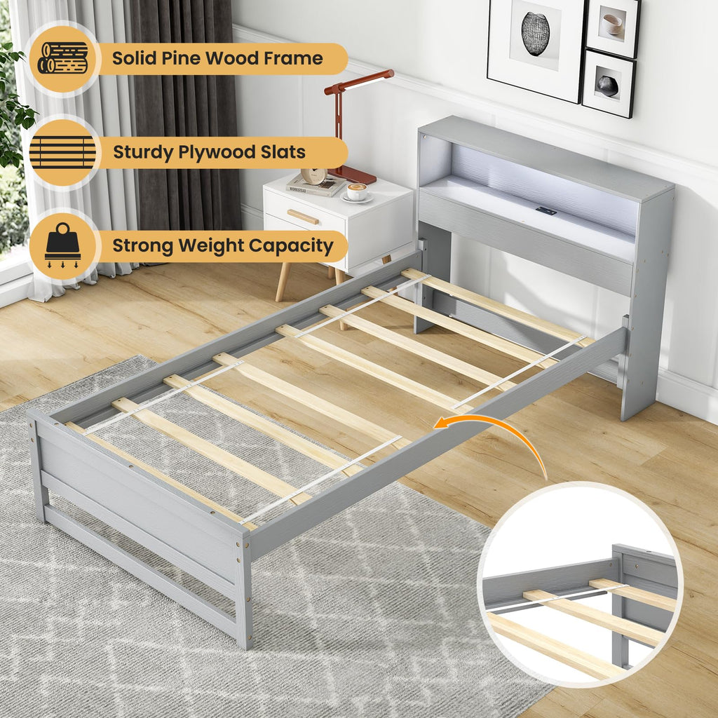 Twin Wood Platform Bed with Storage Headboard and Charging Station W754