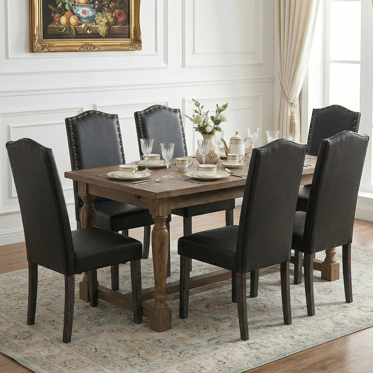 PU Dining Chair Set of 2 Upholstered with Copper Nails and Solid Wood Legs O729649