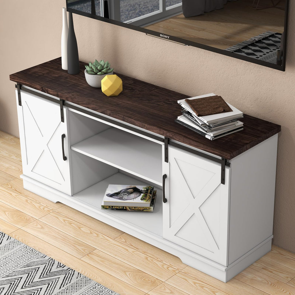 White Wood TV Stand with Sliding Barn Doors I37999