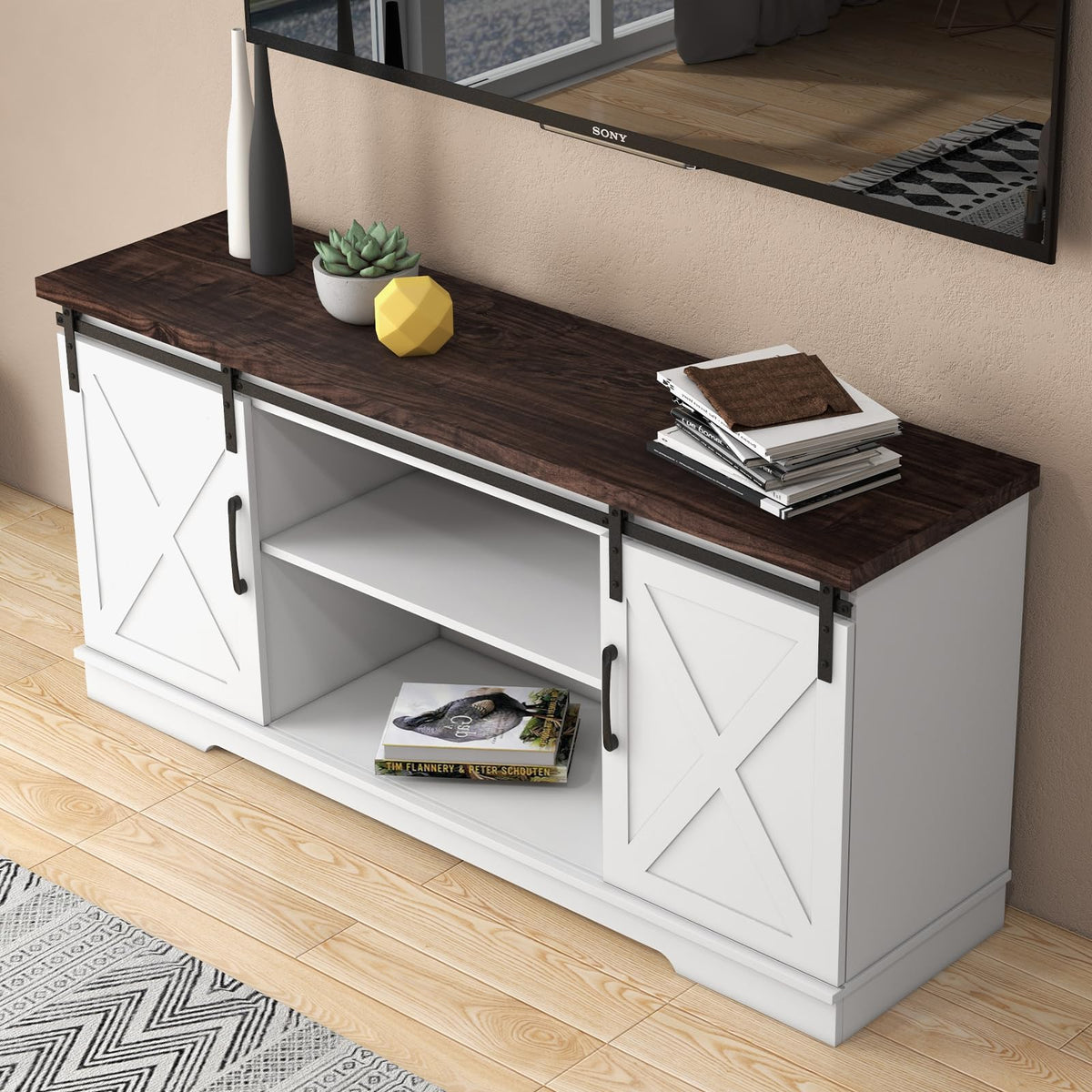 White Wood TV Stand with Sliding Barn Doors I37999