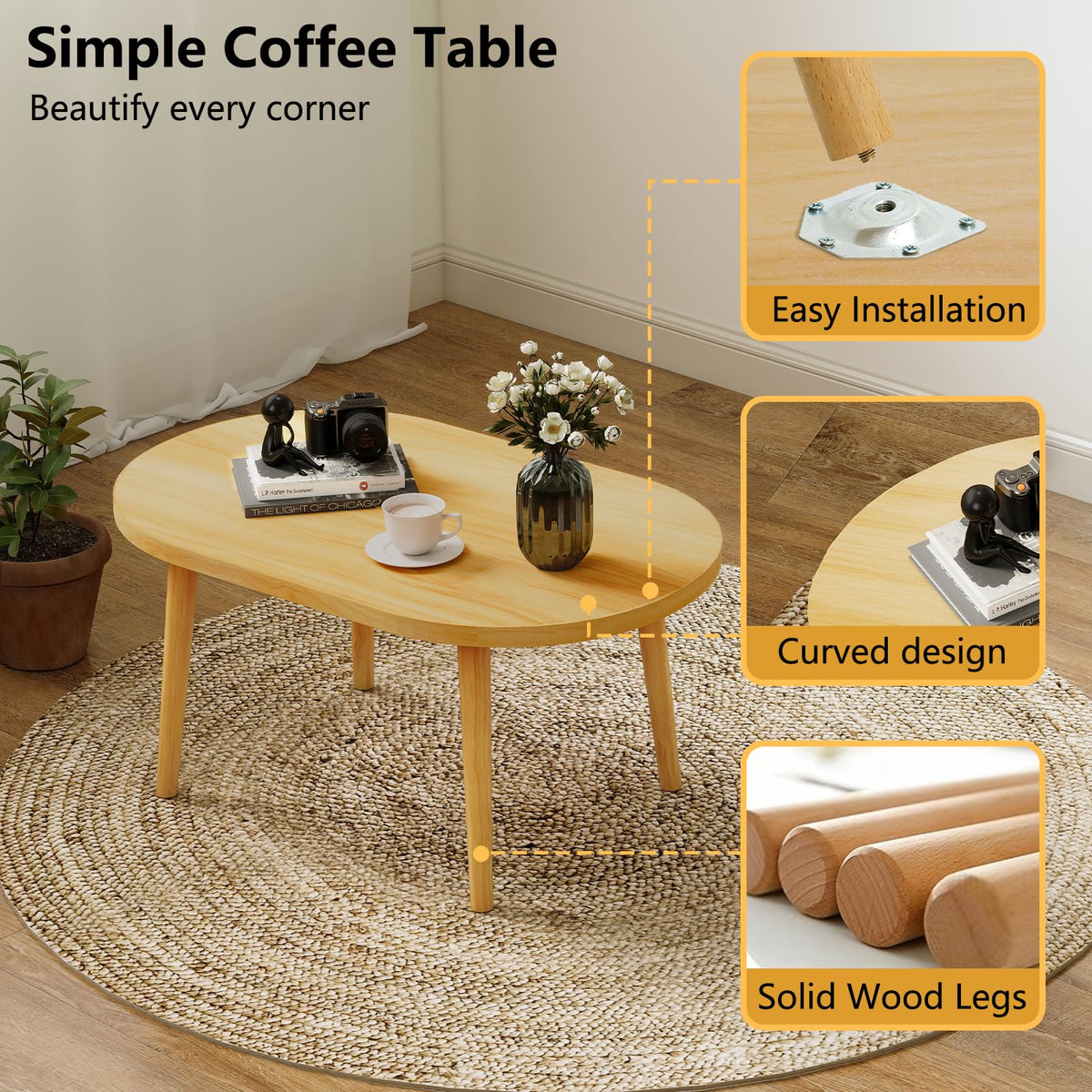 Oval Coffee Table Natural 19.7"D x 31.5"W x 16"H W606