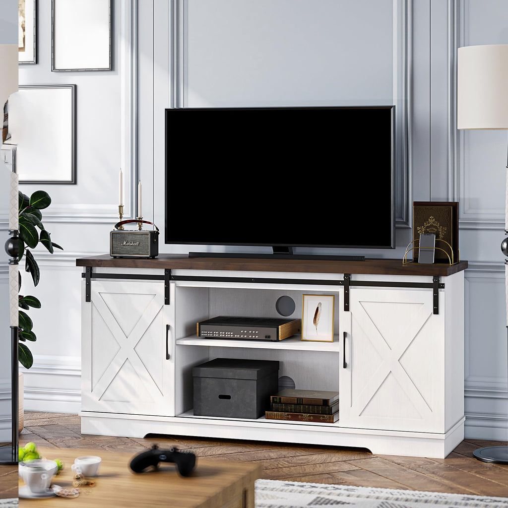 White Wood TV Stand with Sliding Barn Doors I37999