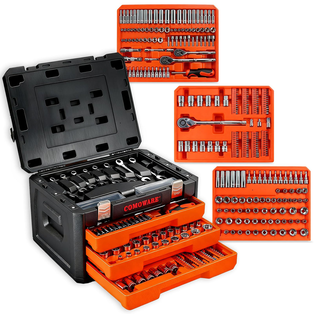 320-Piece Mechanic Tool Set with Case, 1/4" 3/8" 1/2" Drive SAE & Metric Socket Wrench Set, CR-V Steel D4684