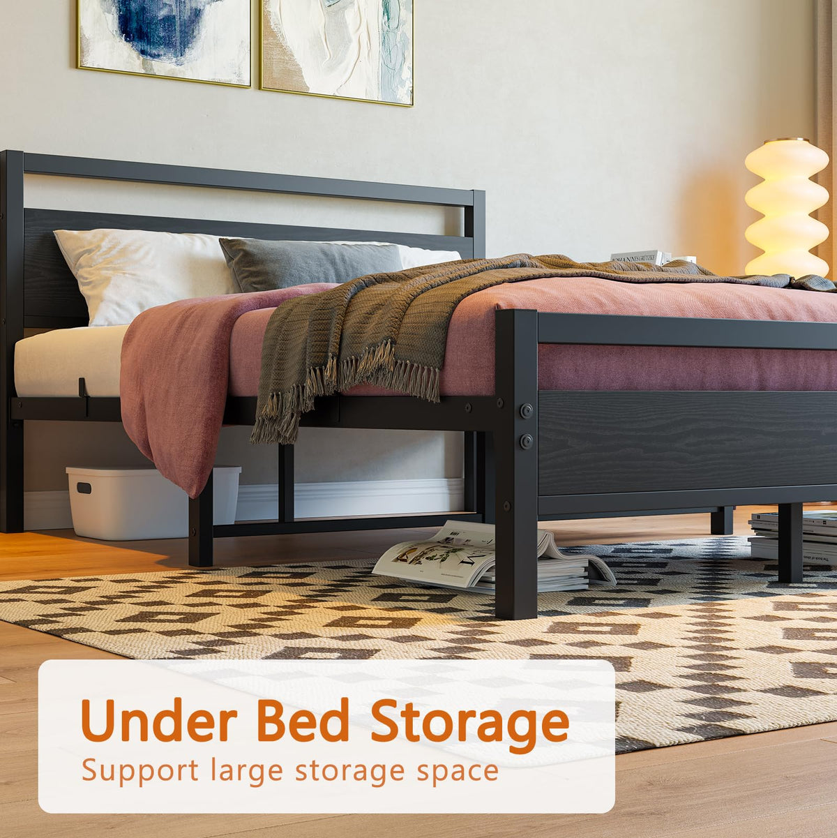 Black Full Size Bed Frame with Wood Headboard and Storage A468979