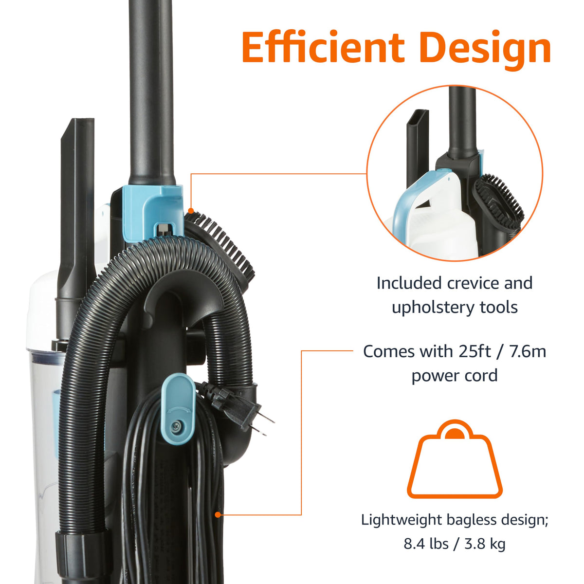 Upright Bagless Vacuum Cleaner, Washable Filter, 1.7L Dust Cup, Black/White D658