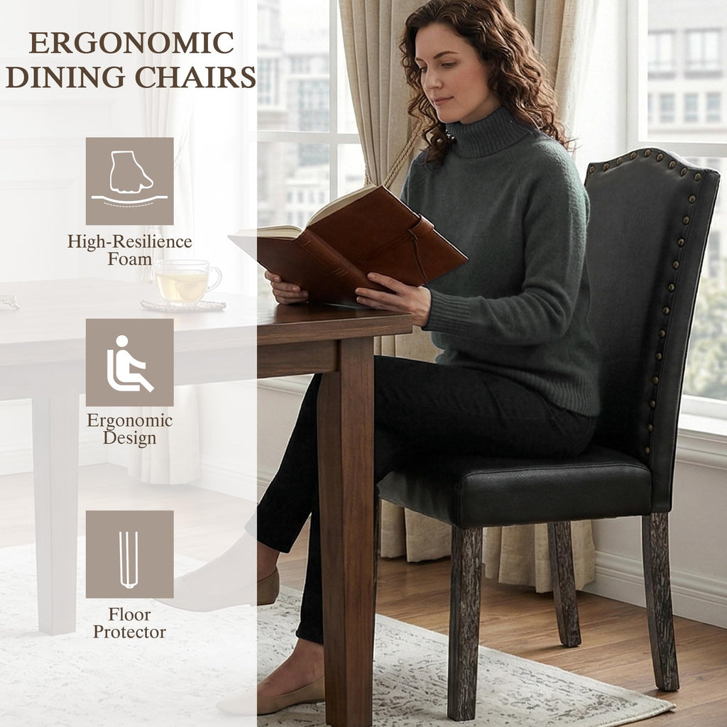 PU Dining Chair Set of 2 Upholstered with Copper Nails and Solid Wood Legs O729649